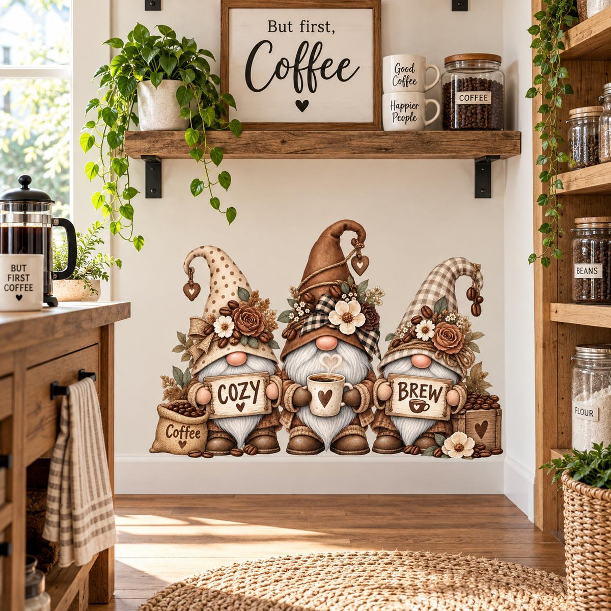 Coffee bar wall sticker featuring a trio of illustrated gnomes, rustic coffee cups and floral accents