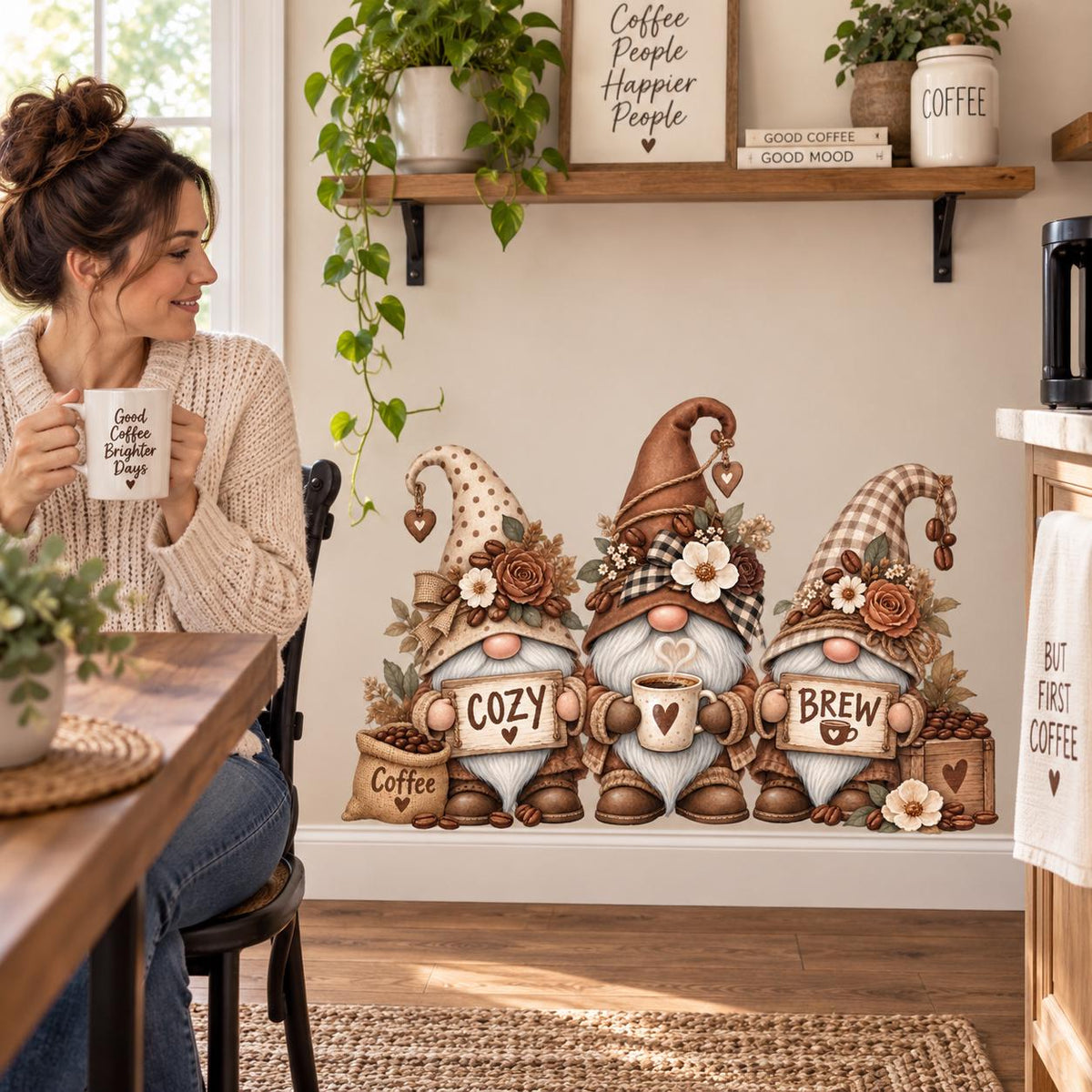 Coffee station wall art with three gnomes, small flowers, mugs and playful COZY BREW signs