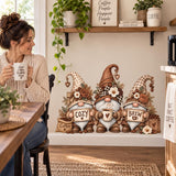 Coffee station wall art with three gnomes, small flowers, mugs and playful COZY BREW signs