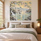 Koi lake triptych wall decal featuring turquoise water, floral blossoms, mountain scenery and a small pavilion.
