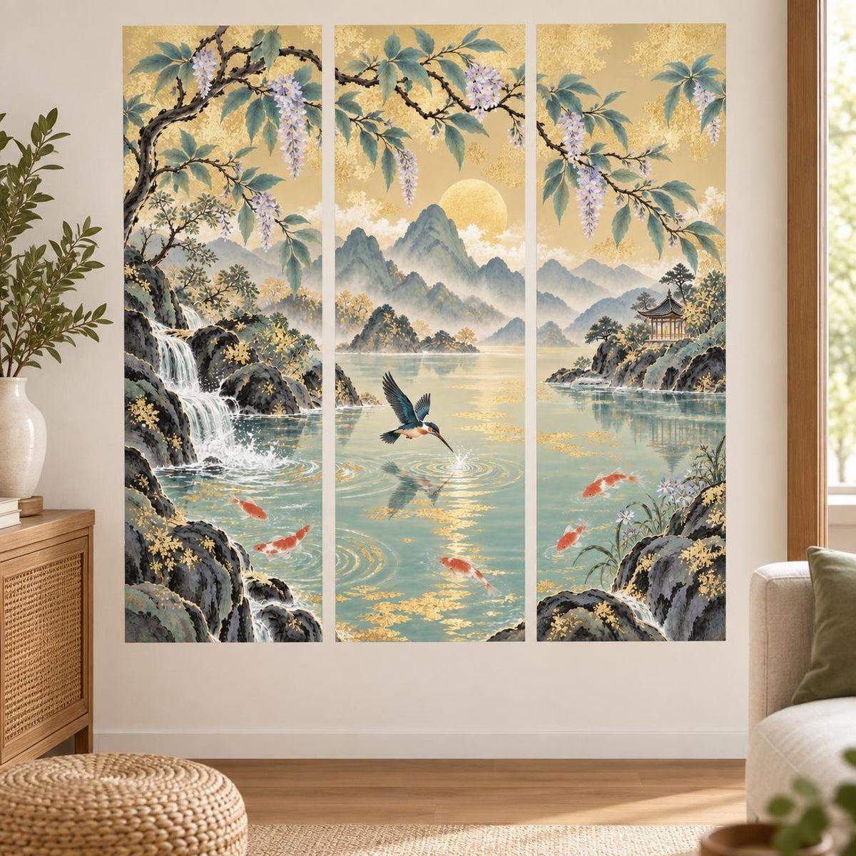 Landscape triptych wall decal with a golden sun, misty mountains, waterfalls, a turquoise koi lake, blossoms and a pavilion.