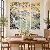 Three-panel Asian landscape wall sticker with a golden sun, misty mountains and waterfalls above a turquoise koi lake.