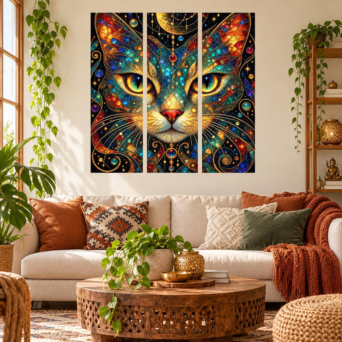 Celestial cat wall decal with golden-green eyes, jewel-toned stained glass patterns and stars and planets.