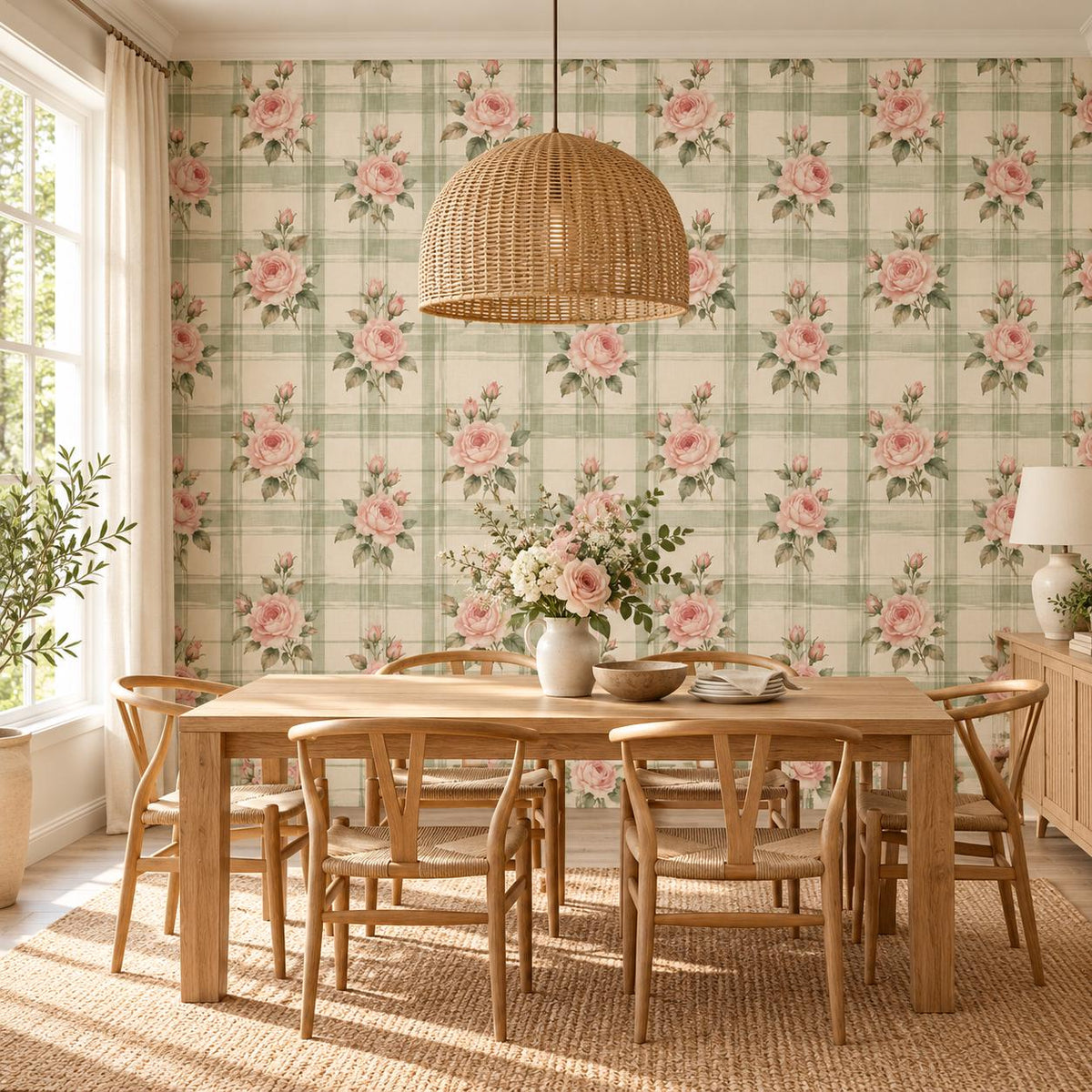 Rose plaid wallpaper combining a cream colored grid with soft pink flowers and muted green foliage.