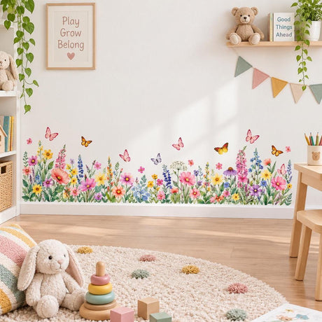 Watercolor meadow border wall decal with colorful wildflowers, green leaves and butterflies along the lower part of a room wall.