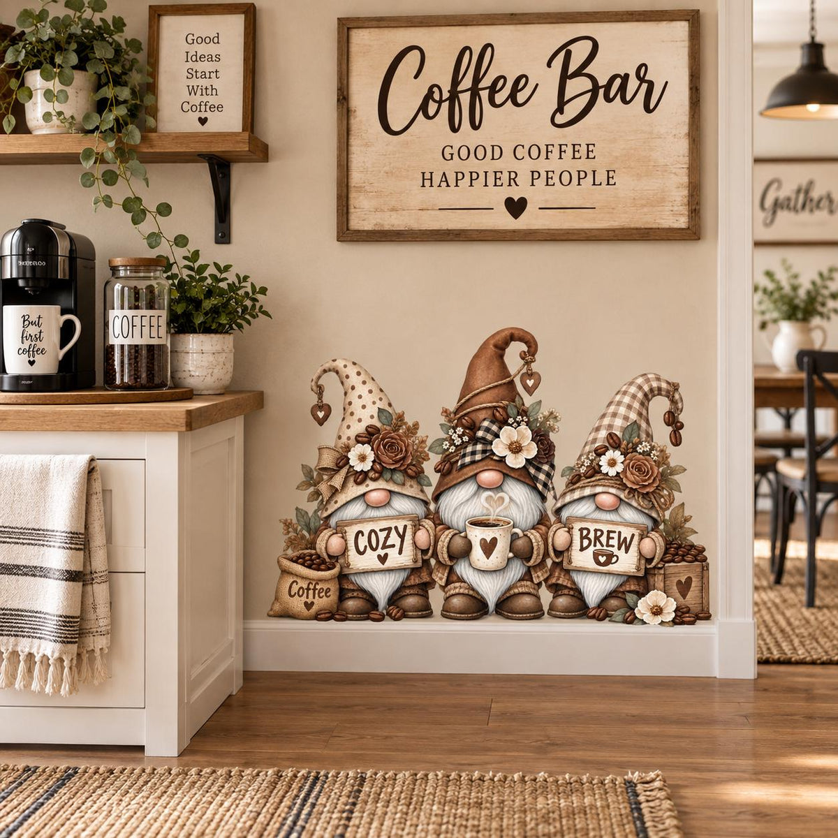 Three coffee gnomes with patterned hats, COZY and BREW signs, mugs and coffee beans on a kitchen wall decal