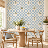 Blue Botanical Checkered Wallpaper | Self Adhesive Vinyl Wall Mural | Cottage Dining Room Decor | Watercolor Check Pattern | Wall Accent