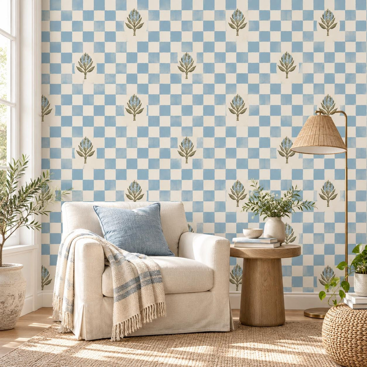 Blue Botanical Checkered Wallpaper | Self Adhesive Vinyl Wall Mural | Cottage Dining Room Decor | Watercolor Check Pattern | Wall Accent
