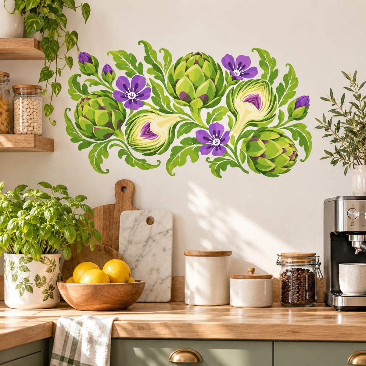 Artichoke Botanical Wall Decal | Colorful Vegetable Floral Kitchen Decor | Vinyl Garden Wall Sticker | Cottage Dining Room Decor Wall Art
