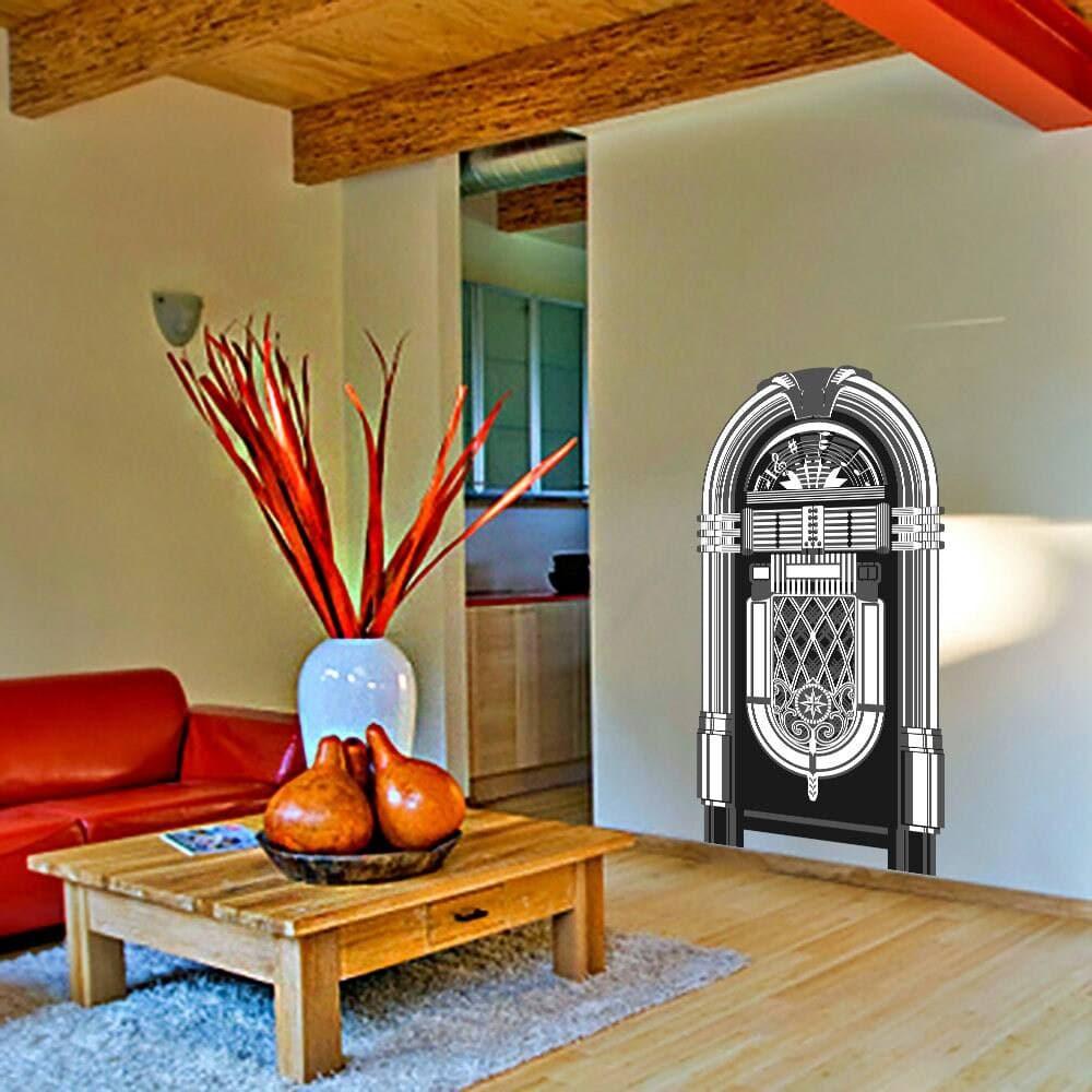 Retro melody vinyl wall decal of a jukebox adding vintage charm to a modern living room decor.