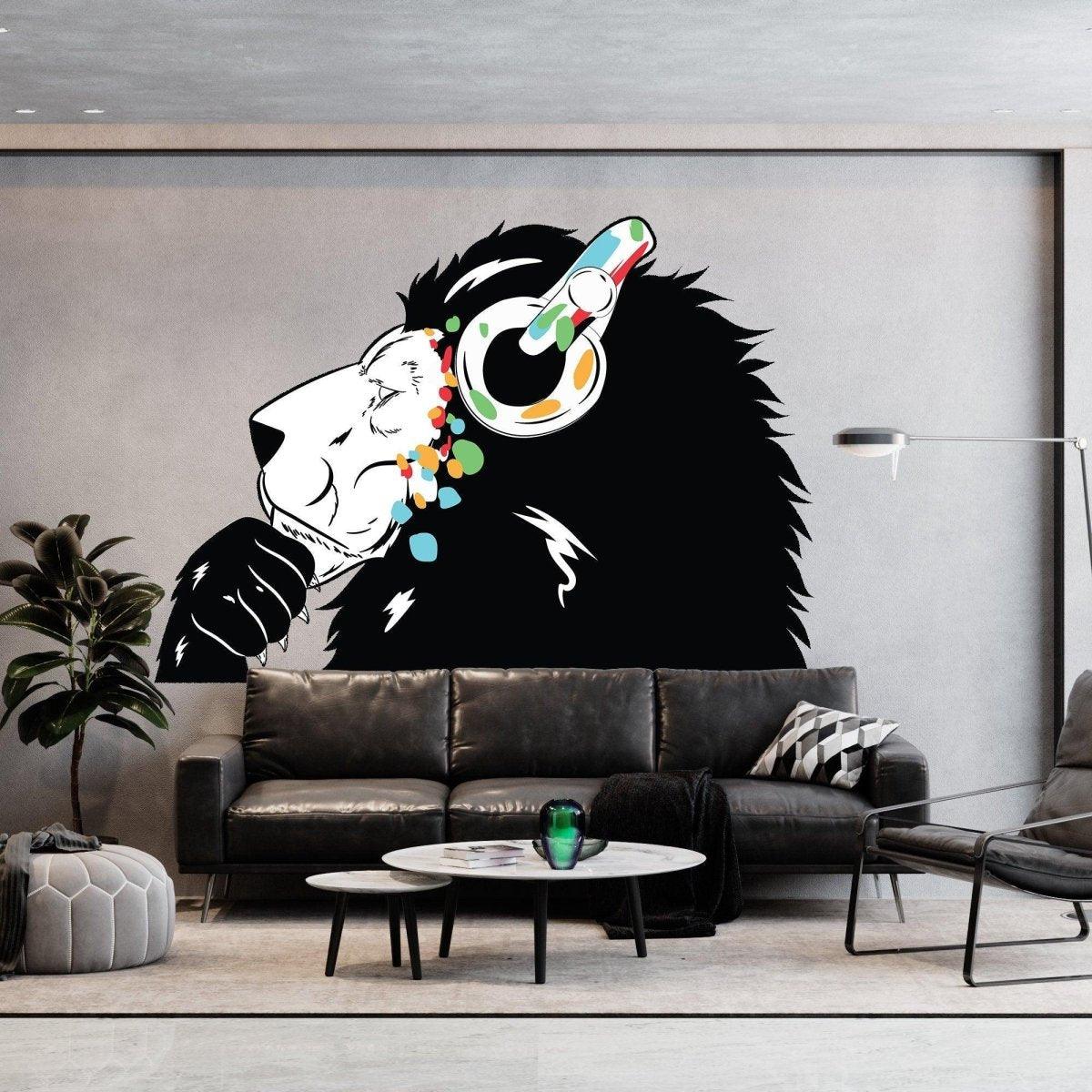Lion wall sticker with headphones, colorful graffiti style.