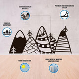 Black geometric mountain wall decal infographic showing European vinyl, waterproofing, strong adhesive and outdoor use.