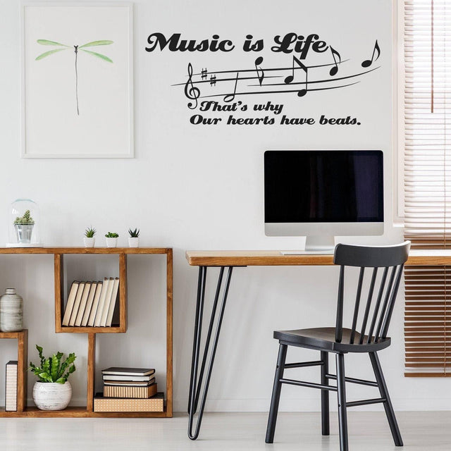 Vinyl wall decal featuring 'Music is Life' quote with musical notes, enhancing home office decor.