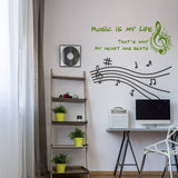 Colorful music-themed wall sticker with notes and text in a stylish room setting.