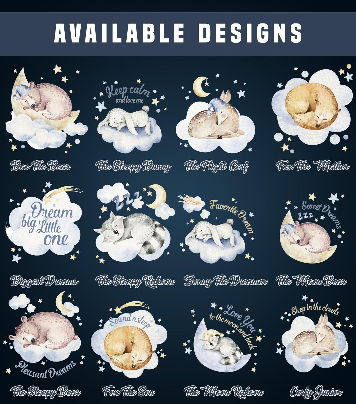 Collection of adorable animal wall decals for kids' rooms, featuring sleepy bears, bunnies, and whimsical designs.
