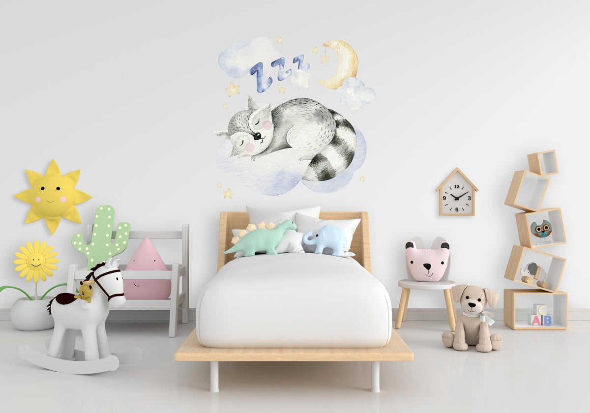 Whimsical nursery with adorable animal wall decal, pastel decor, and playful toys for kids' room transformation.
