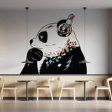 Expressive panda wall decal with headphones in a modern cafe setting, adds personality to interior decoration.