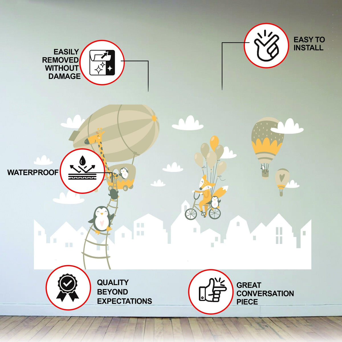 Nursery animals and hot air balloon wall stickers with icons for waterproof material and easy installation.