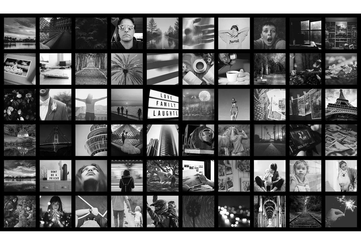 Collage of black and white photos showcasing memories, emotions, and artistic expressions in a personalized wall art design.