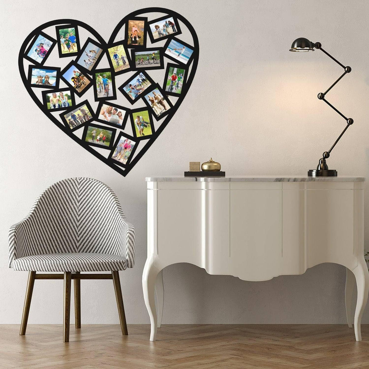 Heart-shaped collage photo decal on wall above stylish table and chair.