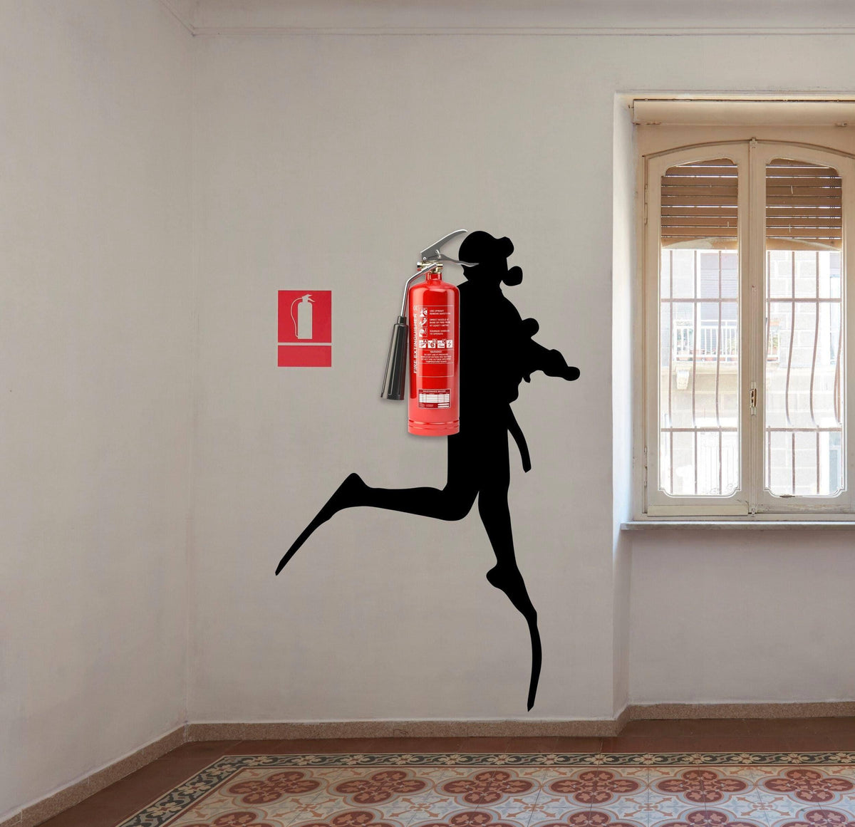 Scuba diver wall sticker holding a fire extinguisher, creating a unique underwater theme in a stylish interior.