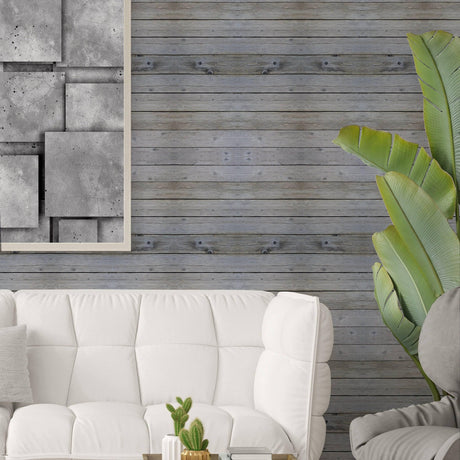 Rustic self-stick wooden plank wall decal in stylish living room with white couch and modern artwork.