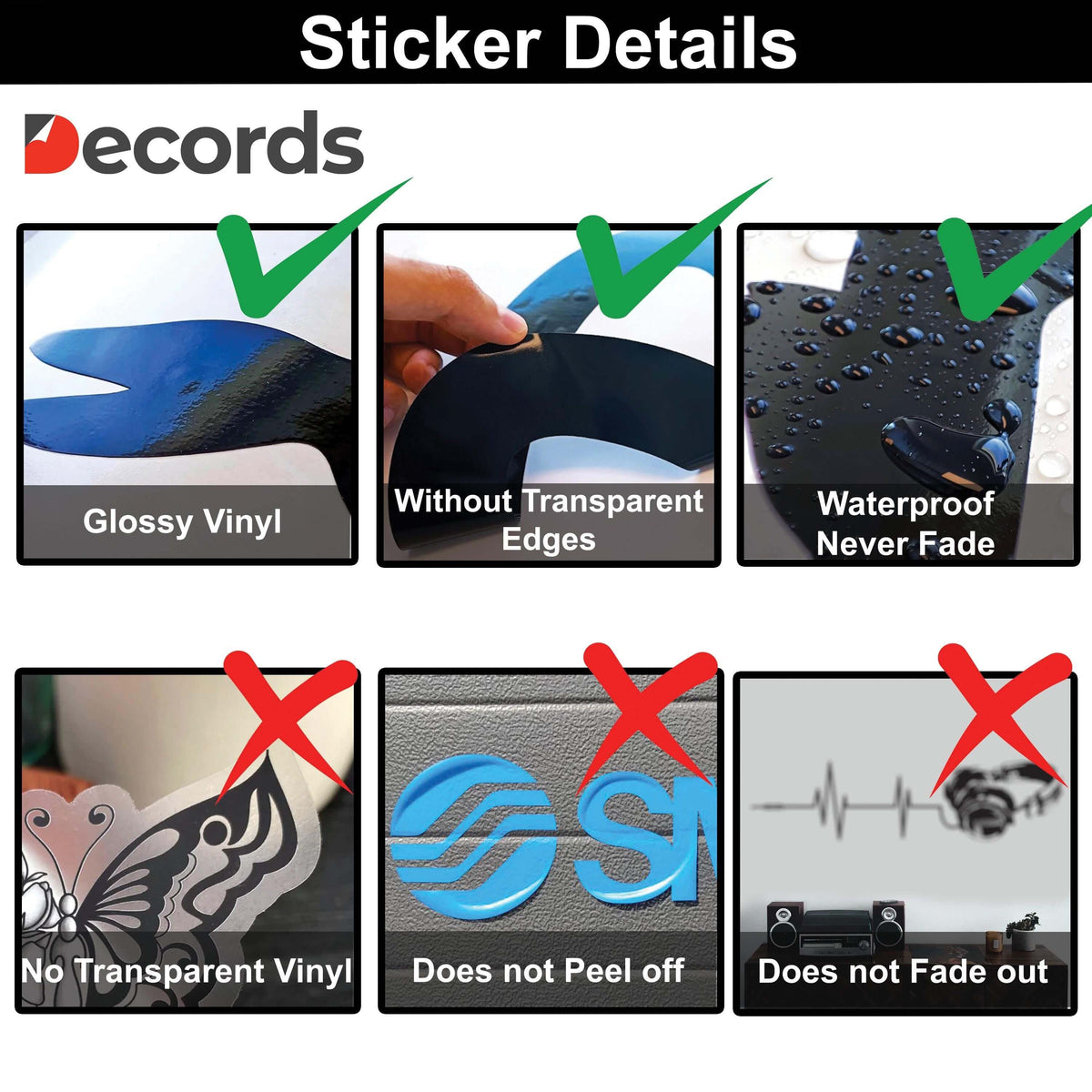 Vinyl sticker details chart comparing glossy material, opaque edges and waterproof finish with inferior examples.