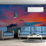 Stylish living room featuring Nature's Horizon sunset wall art decals, modern furniture, and serene atmosphere.