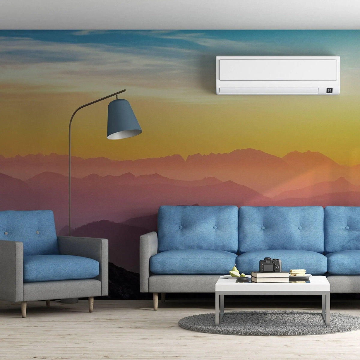 Modern living room featuring Nature's Serenade Sunset Wall Decals with blue sofas and a chic floor lamp.