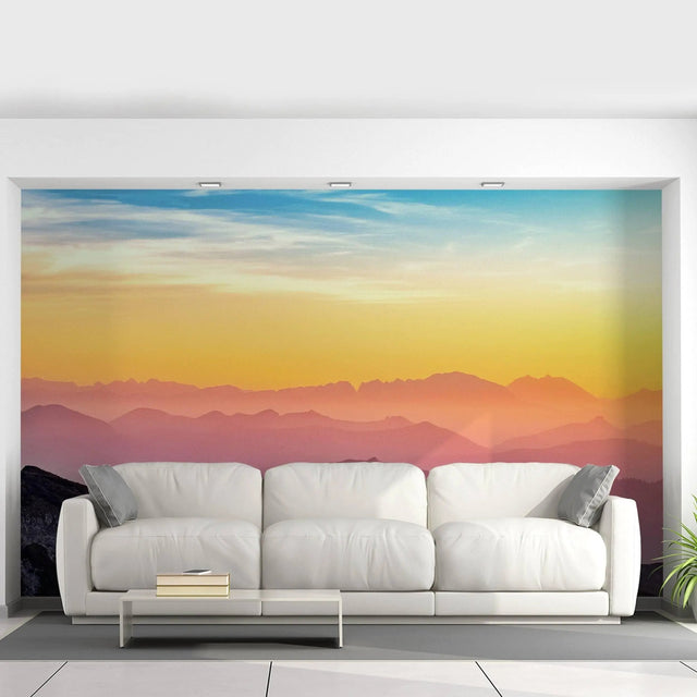 Nature's Serenade sunset wall decals transforming a living room with vibrant colors.