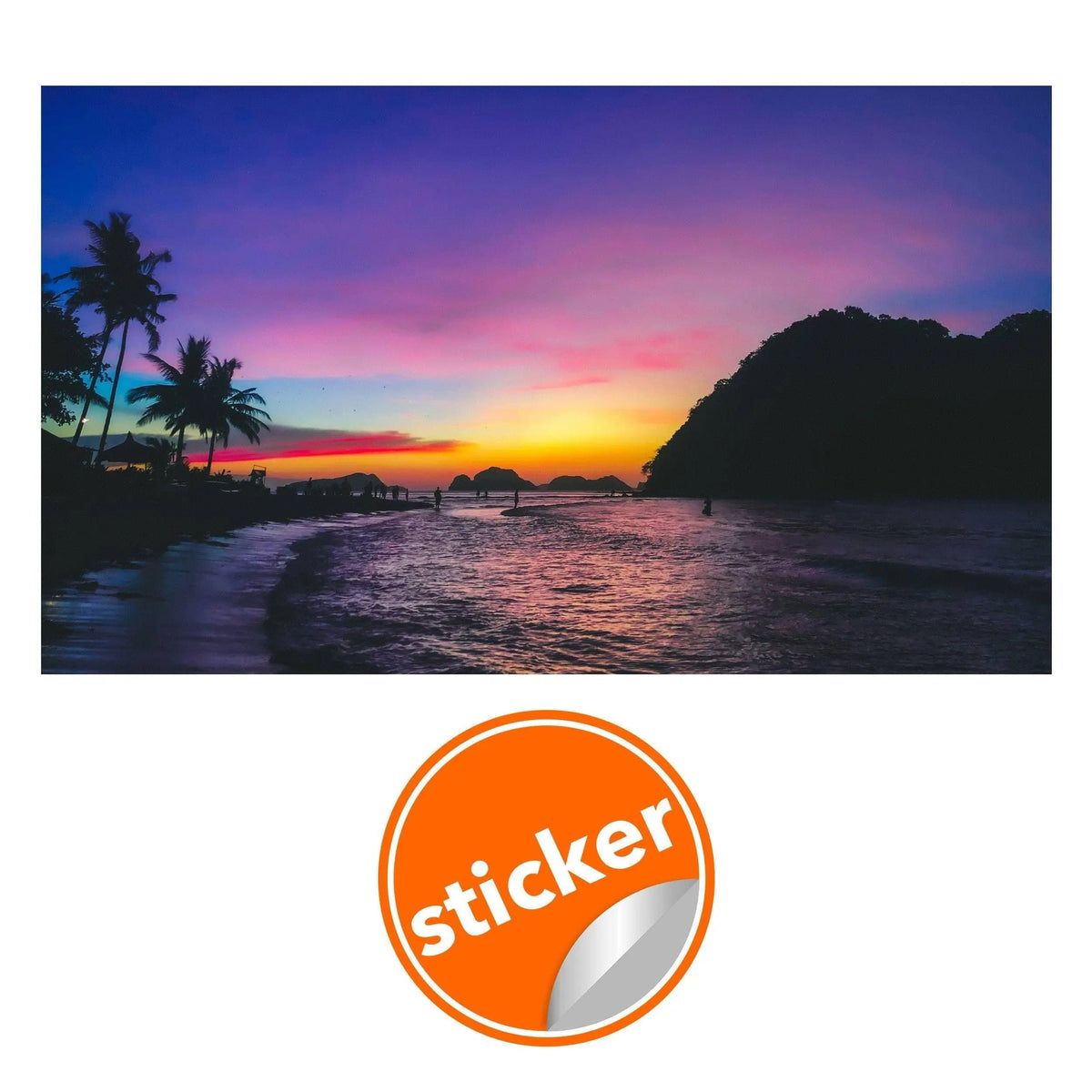 Vibrant urban sunset skyline wall sticker with palm trees and serene ocean view for home decor.