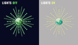 Glowing moon and stars design showing lights off and lights on for room decor.