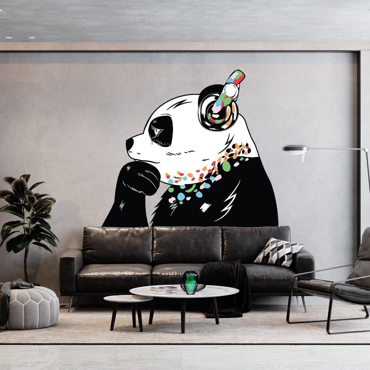 Thinking Panda wall sticker with headphones in modern living room decor, vibrant vinyl wall art for stylish spaces.