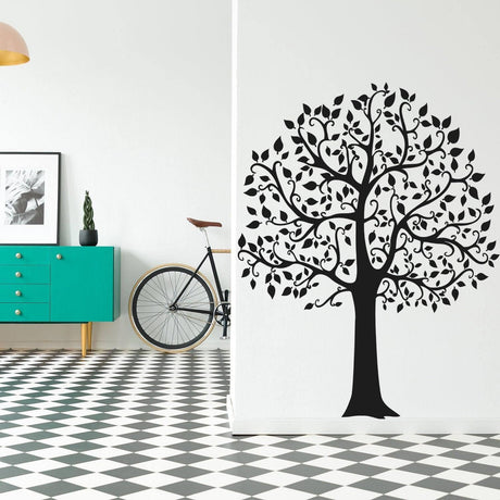 Serenity Tree Wall Sticker, nature-inspired black decal showcasing a leafy tree design in a stylish interior.