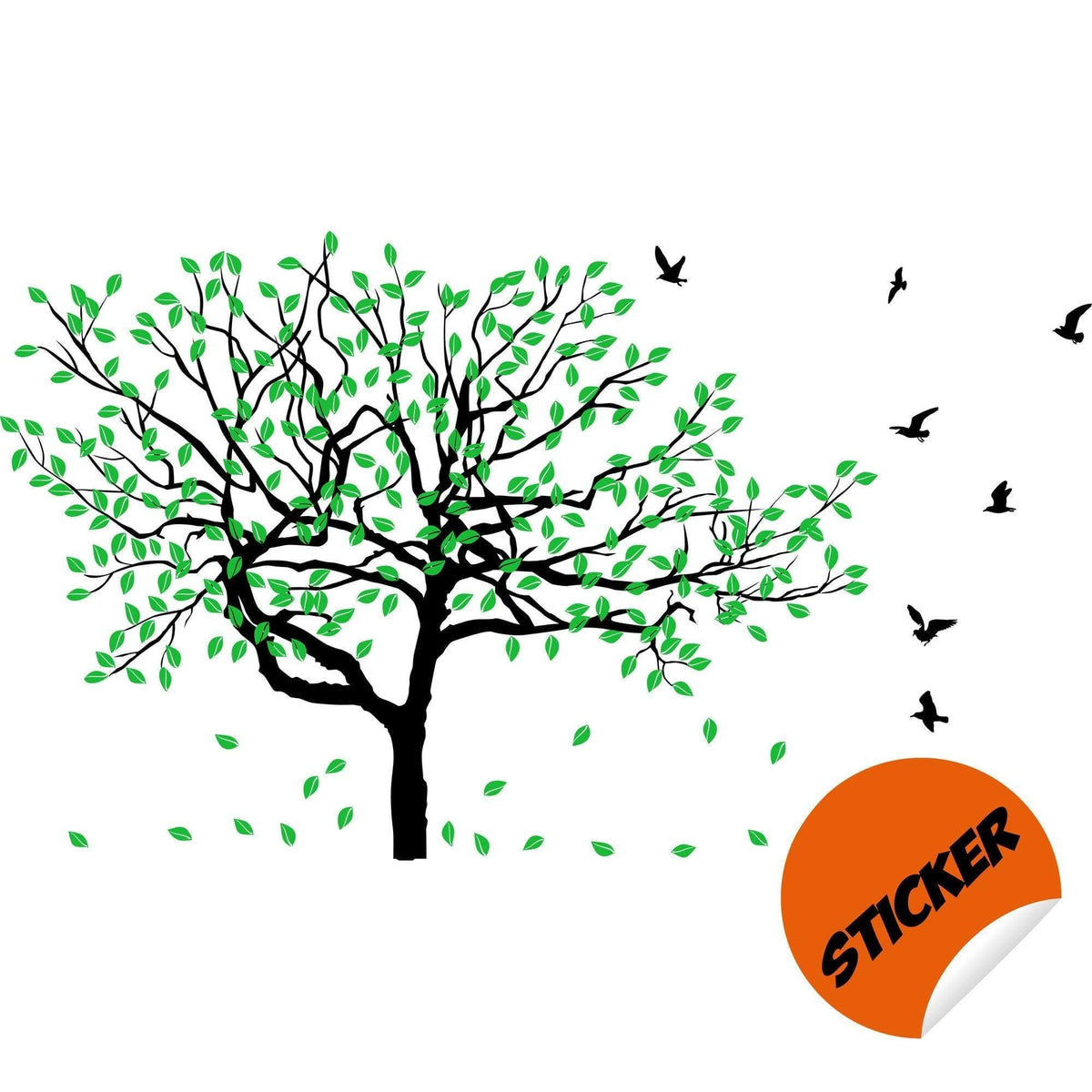 Serenity Tree Wall Sticker with green leaves and birds.