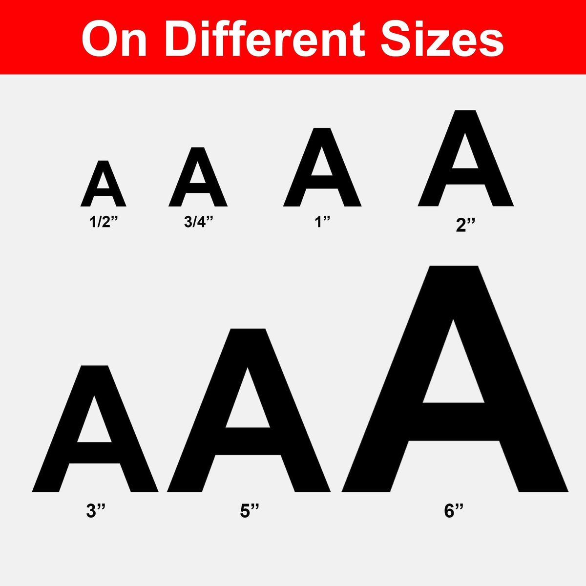 Different sizes of letter A vinyl decals from 1/2 inch to 6 inches for versatile lettering use.