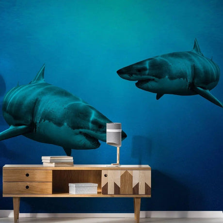 Ocean-themed wall decal sticker featuring two sharks swimming in an underwater paradise design.