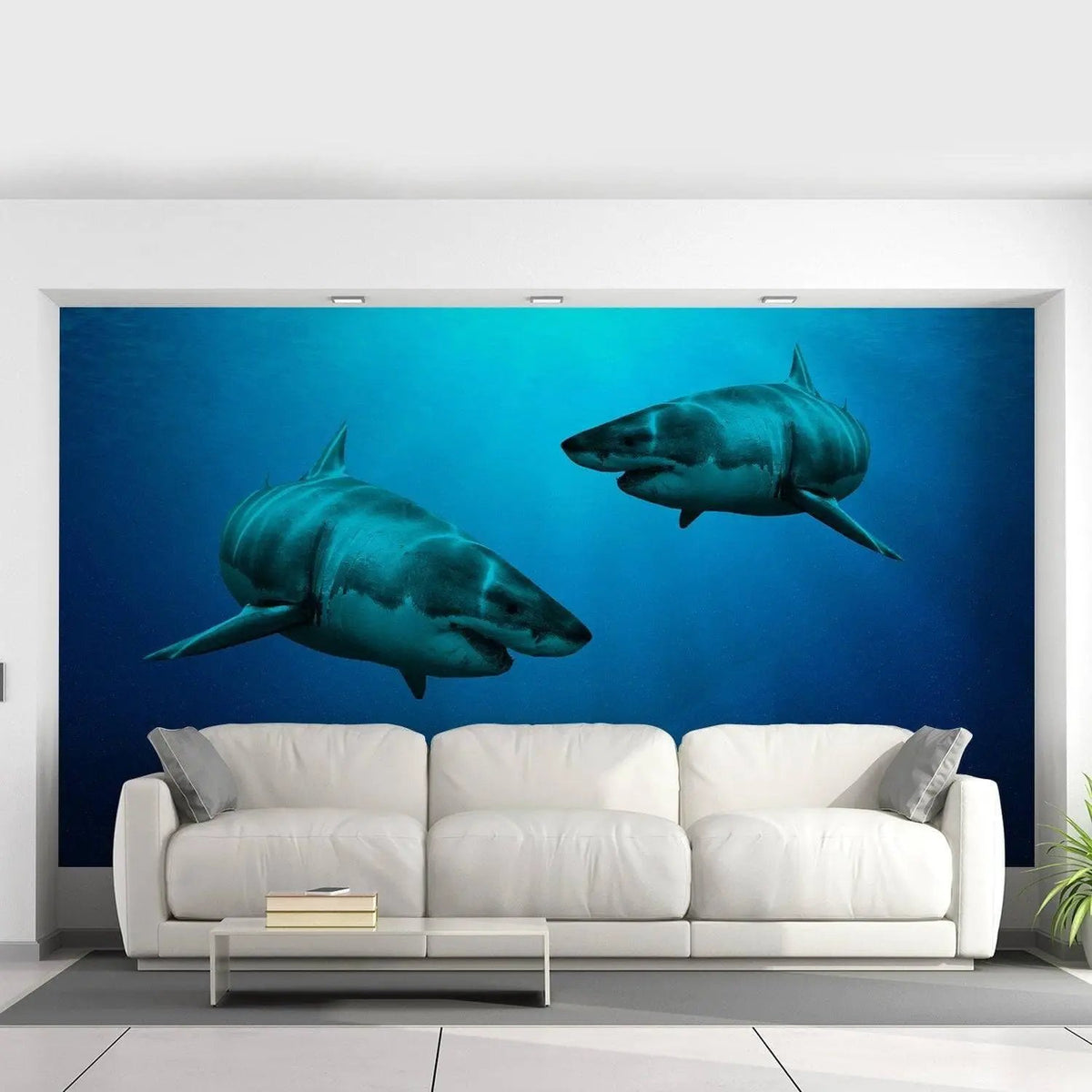 Ocean-themed wall decal of two sharks swimming in blue water.