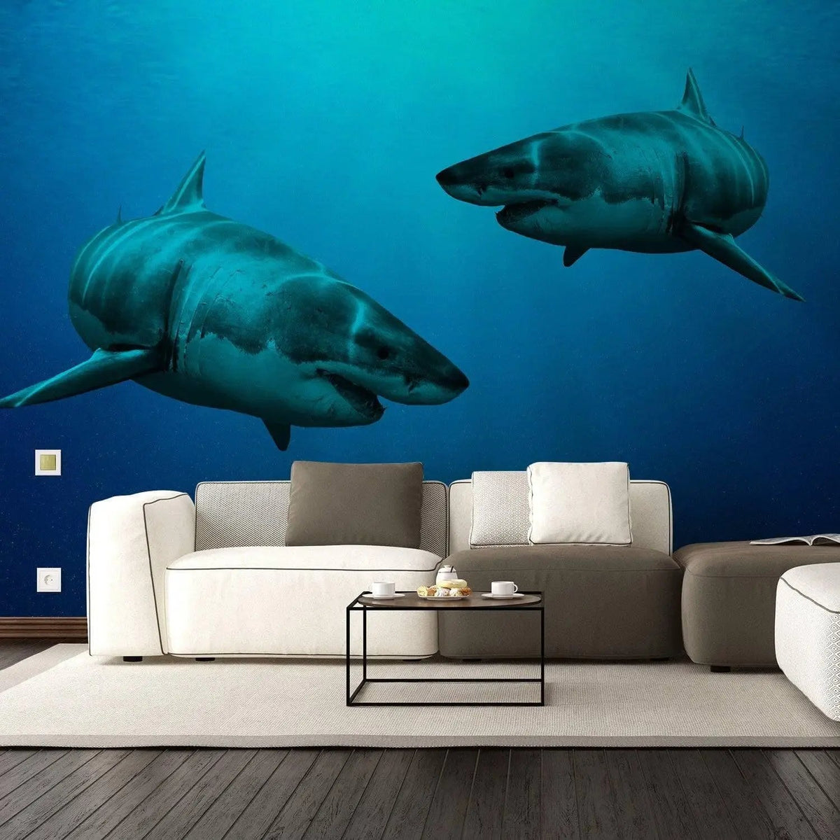Ocean-themed wall decal featuring two sharks swimming in an underwater scene.