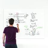 Person using a dry erase whiteboard sticker to write mathematical equations and graphs.