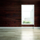 Rustic wood peel and stick wall decal with a window view, enhancing interior space with a warm, natural aesthetic.
