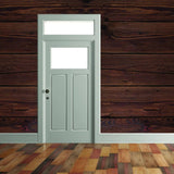 Rustic wood wall decal with a light-colored door, showcasing a warm and inviting home interior design.