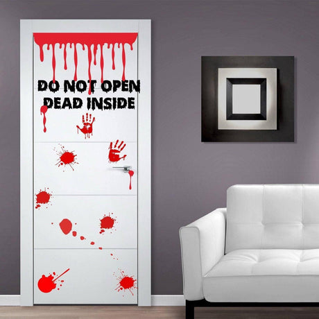 Zombie bathroom door sticker with red blood drips and 'Do Not Open Dead Inside' text for spooky Halloween decor.