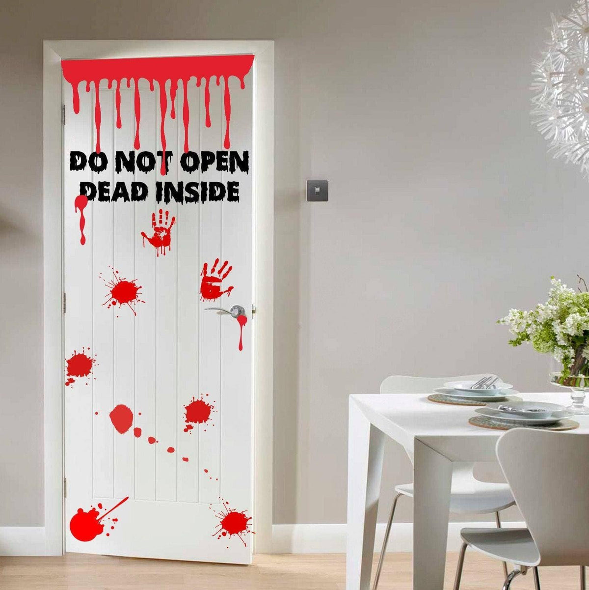 Zombie bathroom door sticker with bloody handprints and 'Do Not Open Dead Inside' text for spooky decor.