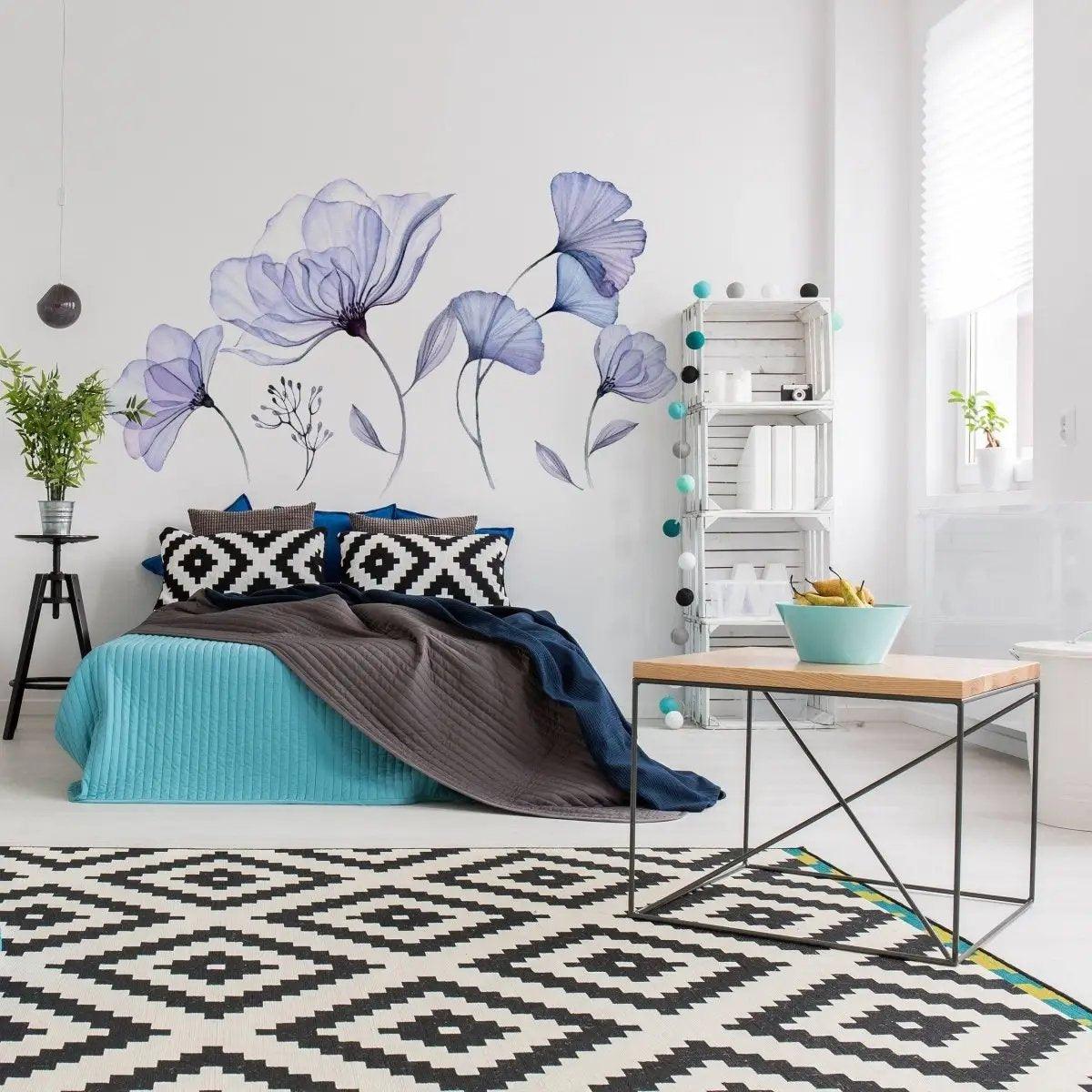 Elegant 3D blue blossom wall decal in modern bedroom, enhancing decor with floral vinyl sticker mural.