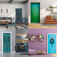 Rustic barn-style door mural shown in interior settings