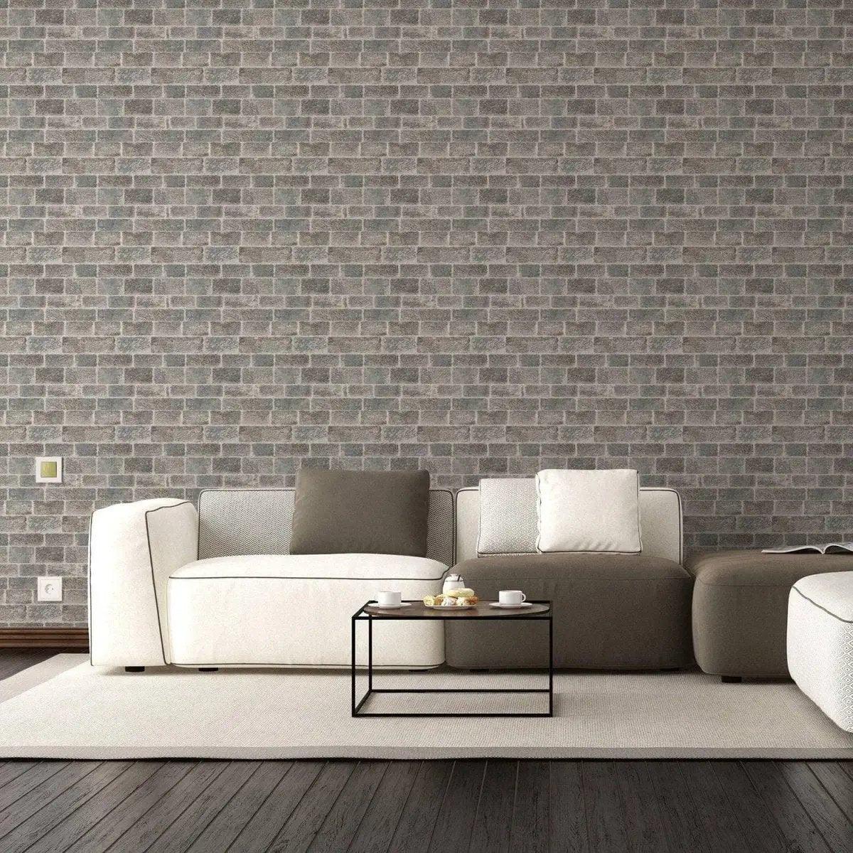 Stylish living room featuring a flat printed stone-effect vinyl wall mural with modern furniture and decor.