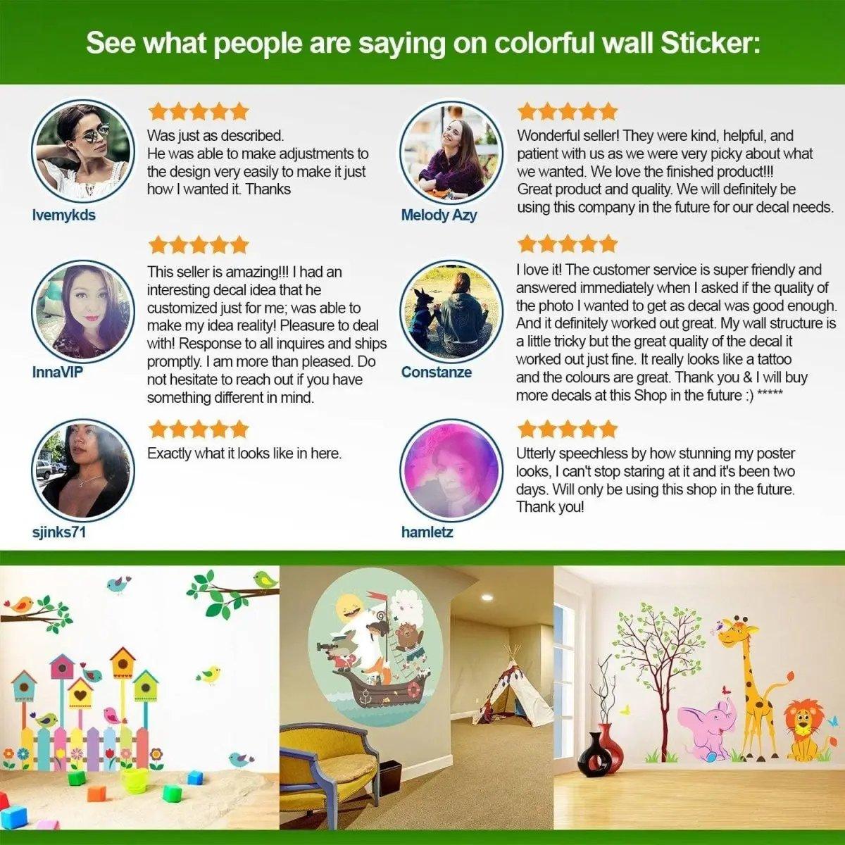 Customer reviews and feedback on colorful wall stickers displayed with sample designs.