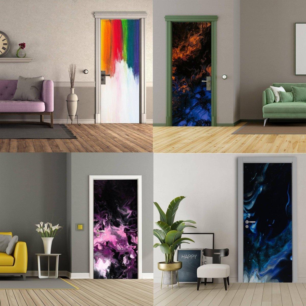 Collage of 3D abstract vinyl door murals showcasing vibrant colors and creative designs for room transformation.