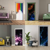 Collage of 3D abstract vinyl door murals showcasing vibrant colors and creative designs for room transformation.